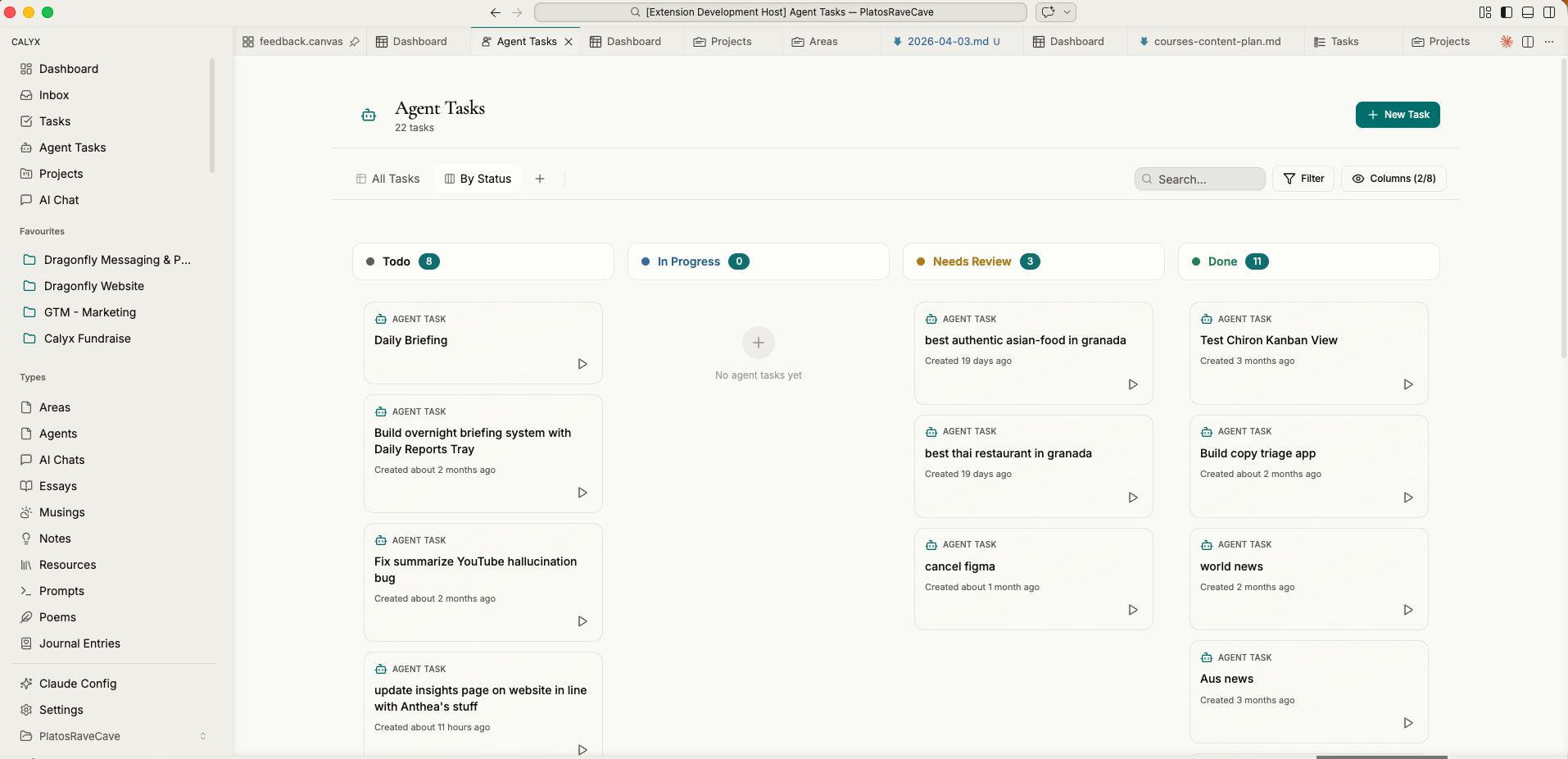 Agent tasks kanban board — Todo, In Progress, Needs Review, Done columns filled with tasks that agents are working on