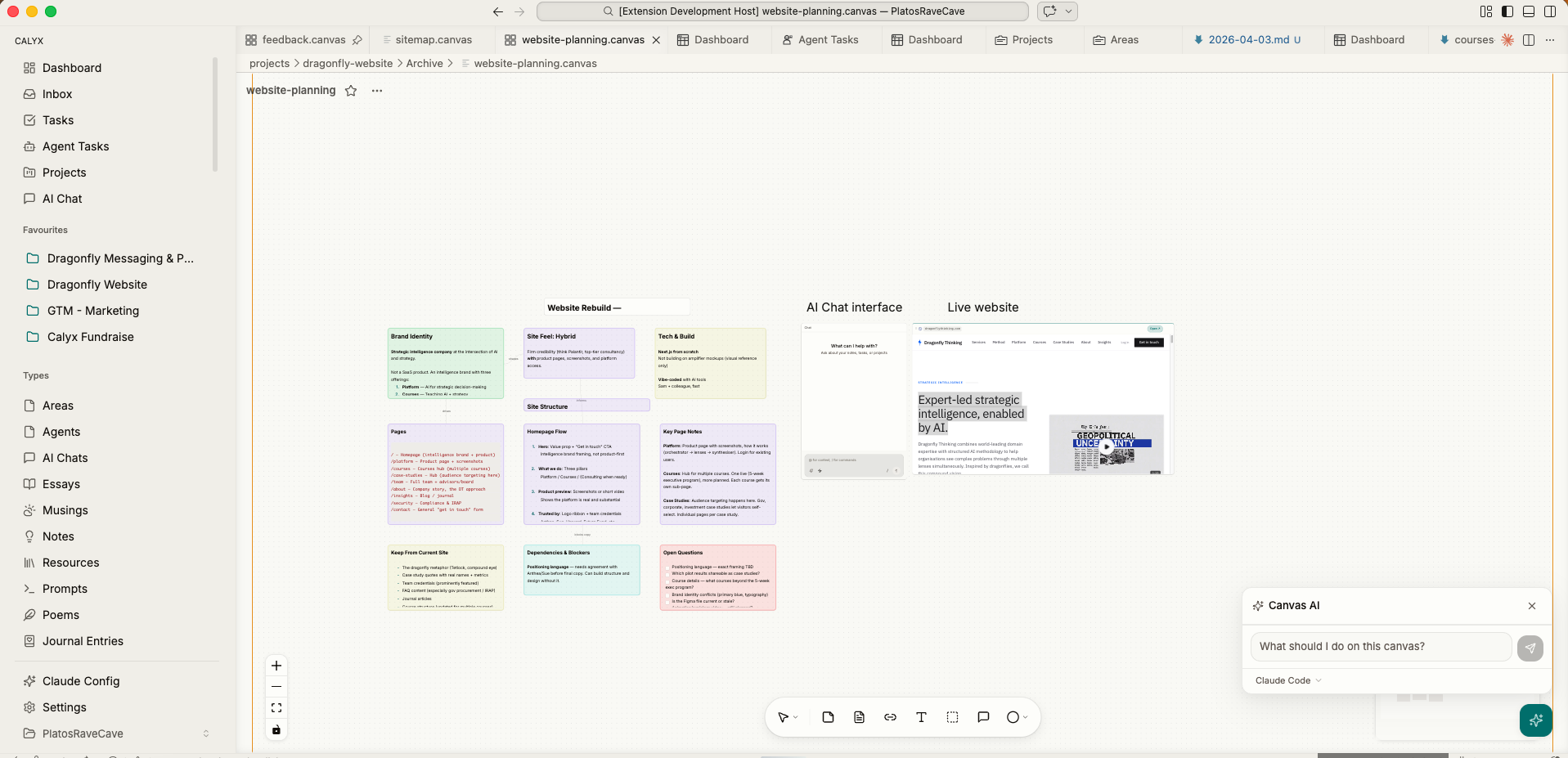 A Calyx canvas — market research cards, a GTM plan document, a live web embed, and an AI chat wired together with connections